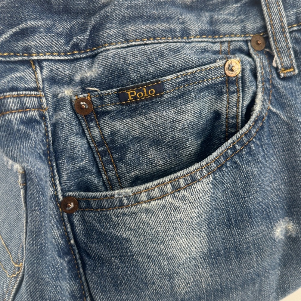 Polo Ralph Lauren Varick Slim Straight Jeans Mens 32x32 Blue Distressed Denim - Picture 10 of 10